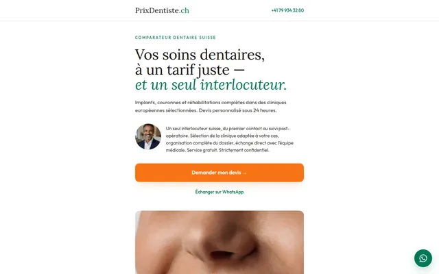 Aperçu réel du site PrixDentiste.ch — comparateur de soins dentaires en Suisse
