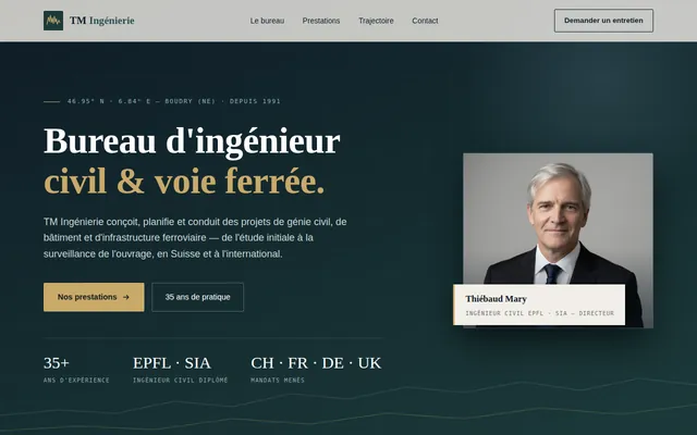 Aperçu réel du site TM Ingénierie — bureau d'ingénieur civil et voie ferrée